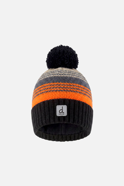 Winter Knit Hat With Pompom Grey And Orange Stripes-0