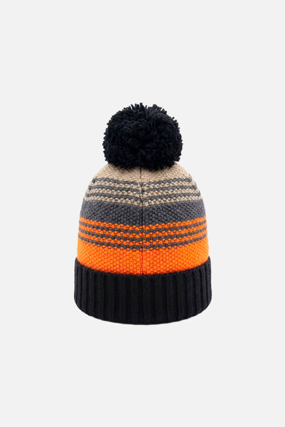 Winter Knit Hat With Pompom Grey And Orange Stripes-2