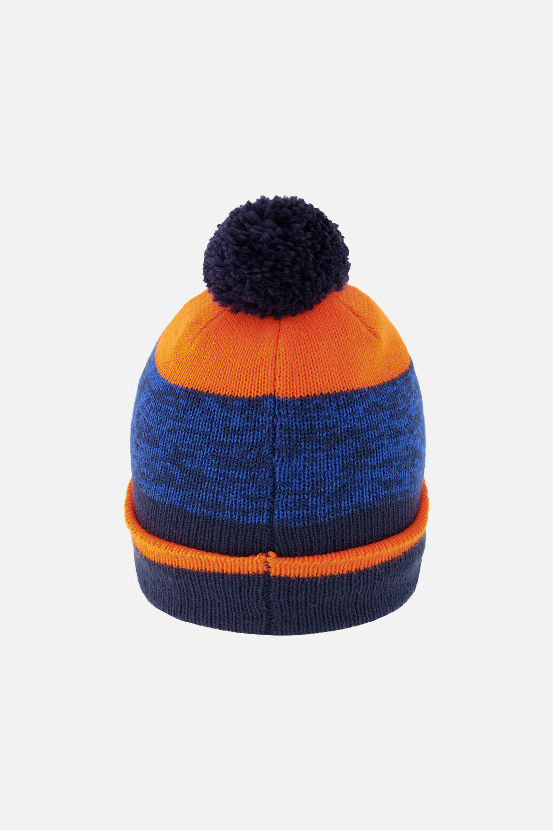 Winter Knit Hat With Pompom Color Block Orange And Blue-2