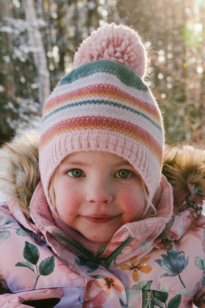 Baby Winter Peruvian Knit Hat With Pompom Pink And Green Jacquard-2