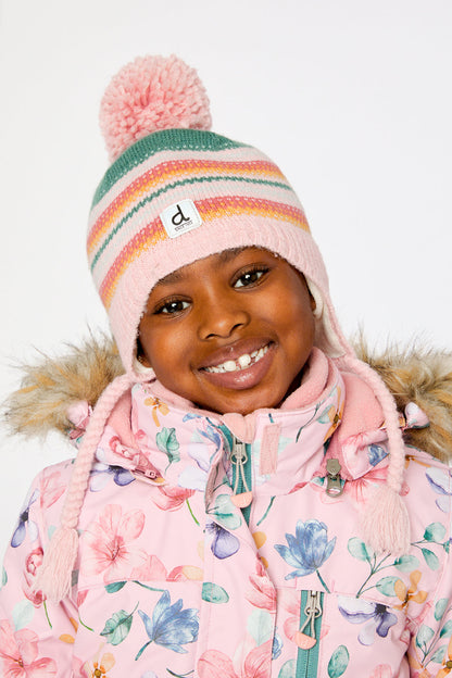 Winter Peruvian Knit Hat With Pompom Pink And Green Jacquard-1