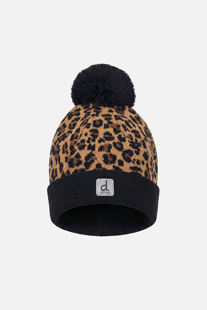 Winter Knit Hat With Pompom Brown Leopard Print-0