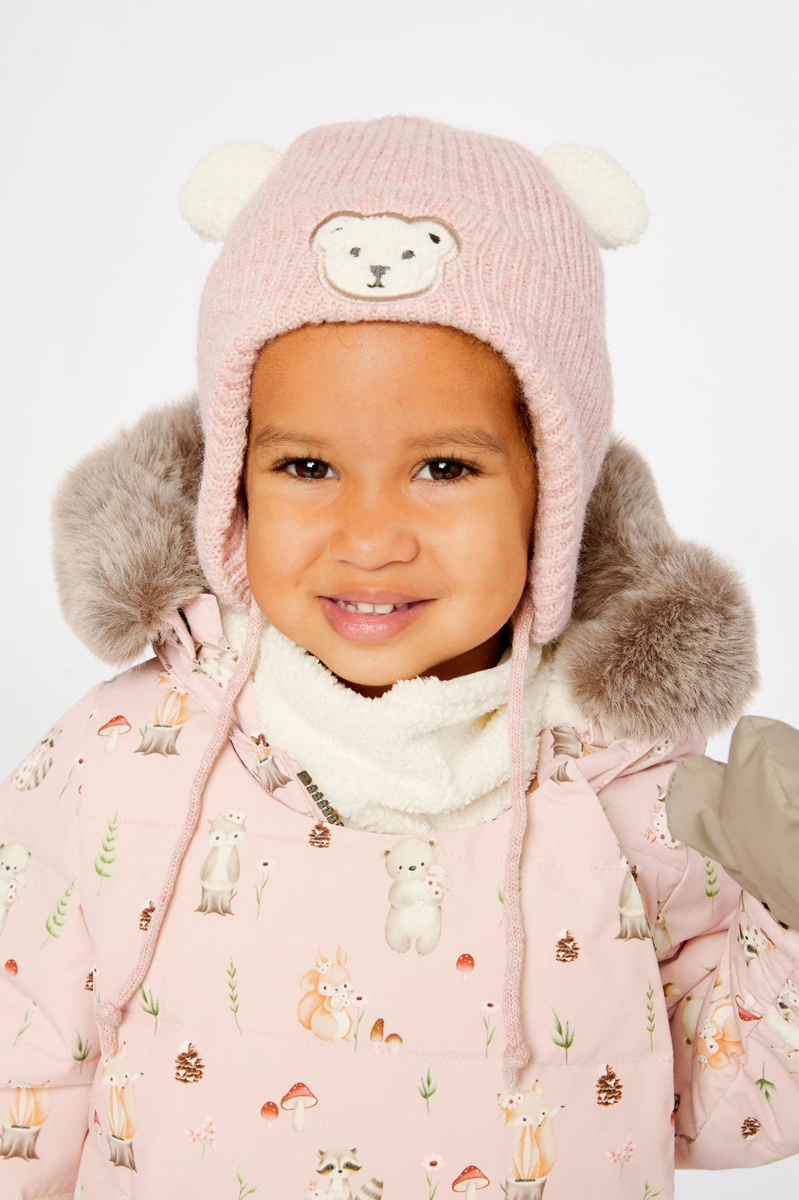 Baby Winter Knit Hat With Ear Flaps And Ears Pale Dusty Pink-1