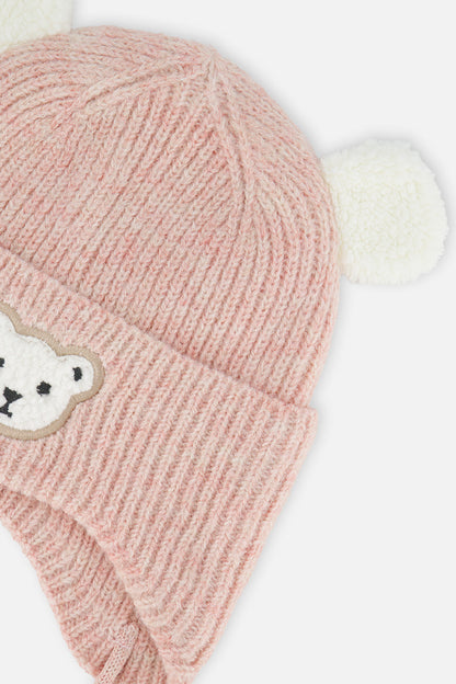 Baby Winter Knit Hat With Ear Flaps And Ears Pale Dusty Pink-3