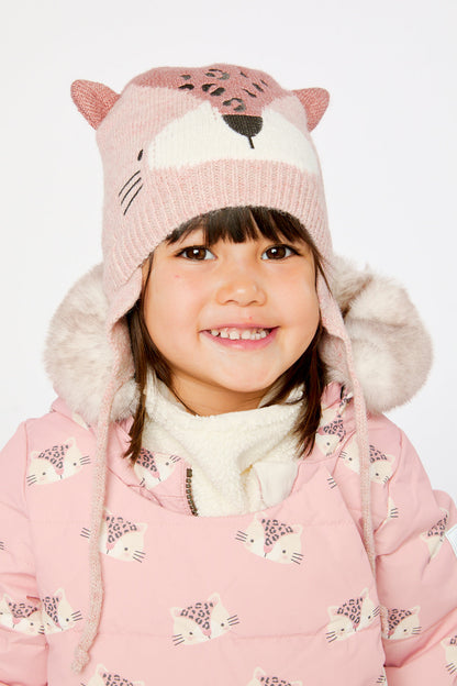 Baby Leopard Winter Knit Hat With Ear Flaps And Ears Pale Dusty Pink-1