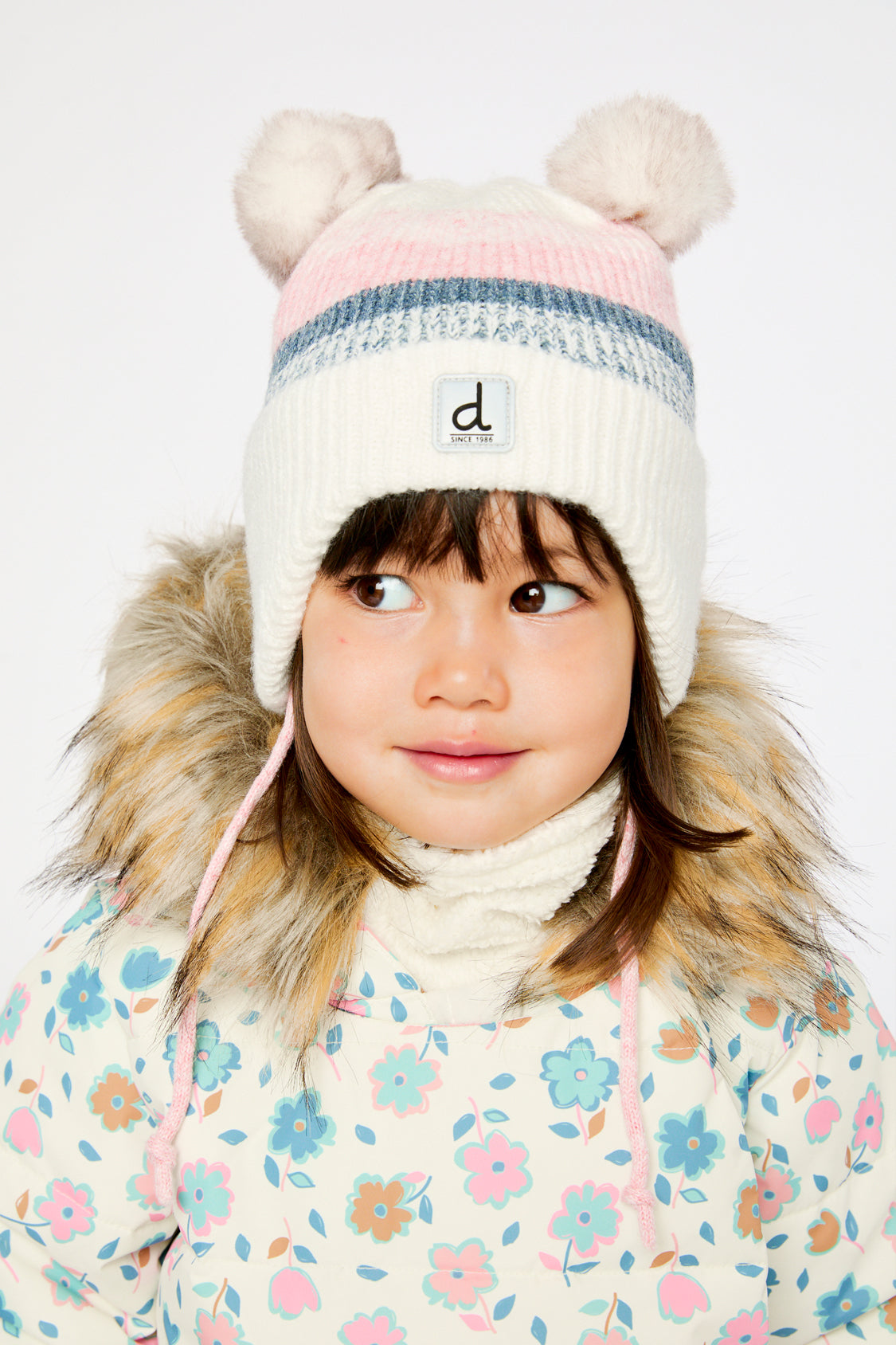 Baby Winter Knit Hat With Ear Flaps And Pompoms Off-White, Pink And Blue-1