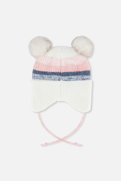 Baby Winter Knit Hat With Ear Flaps And Pompoms Off-White, Pink And Blue-2