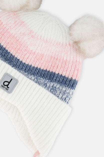 Baby Winter Knit Hat With Ear Flaps And Pompoms Off-White, Pink And Blue-3