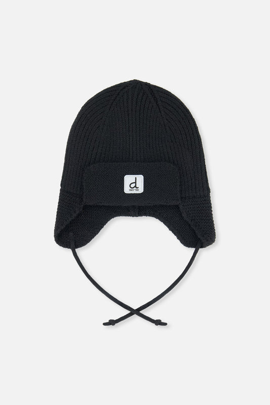 Baby Winter Knit Hat With Ear Flaps And Strings Noir-0