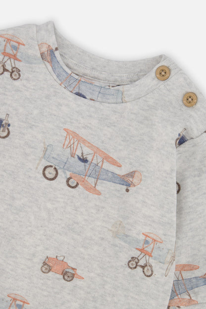 Organic Cotton Pants And Top Set Beige Printed Airplanes-3
