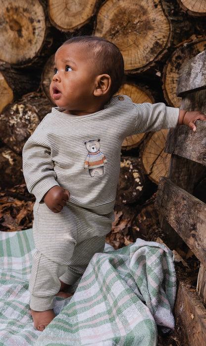 Organic Cotton Pants And Top Set Brown And White Stripes-1