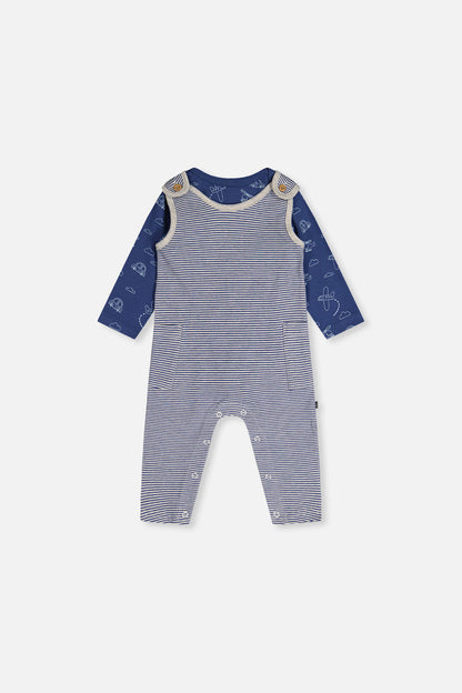 Organic Cotton Onesie With Overalls Set Blue Printed Transportation-0