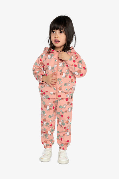 French Terry Hooded Cardigan Pink Cat Print-1