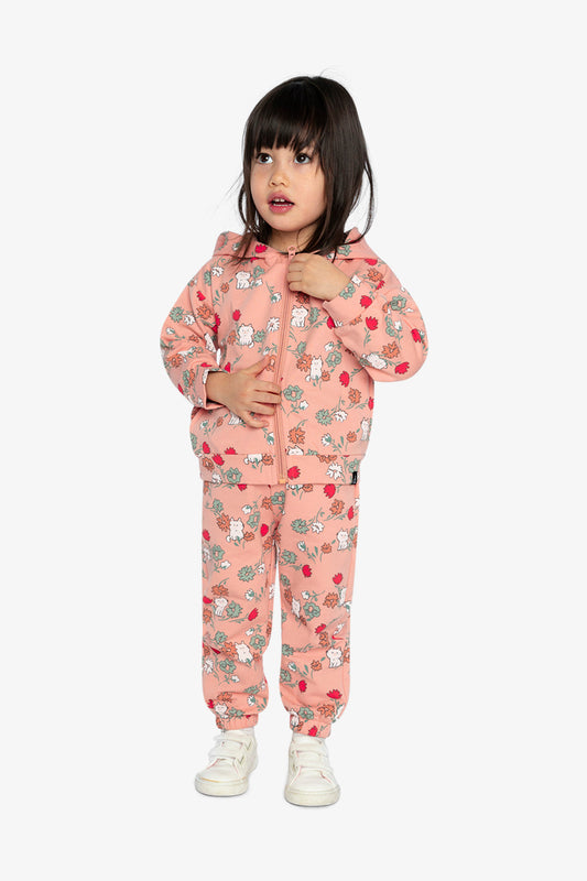 French Terry Hooded Cardigan Pink Cat Print-1