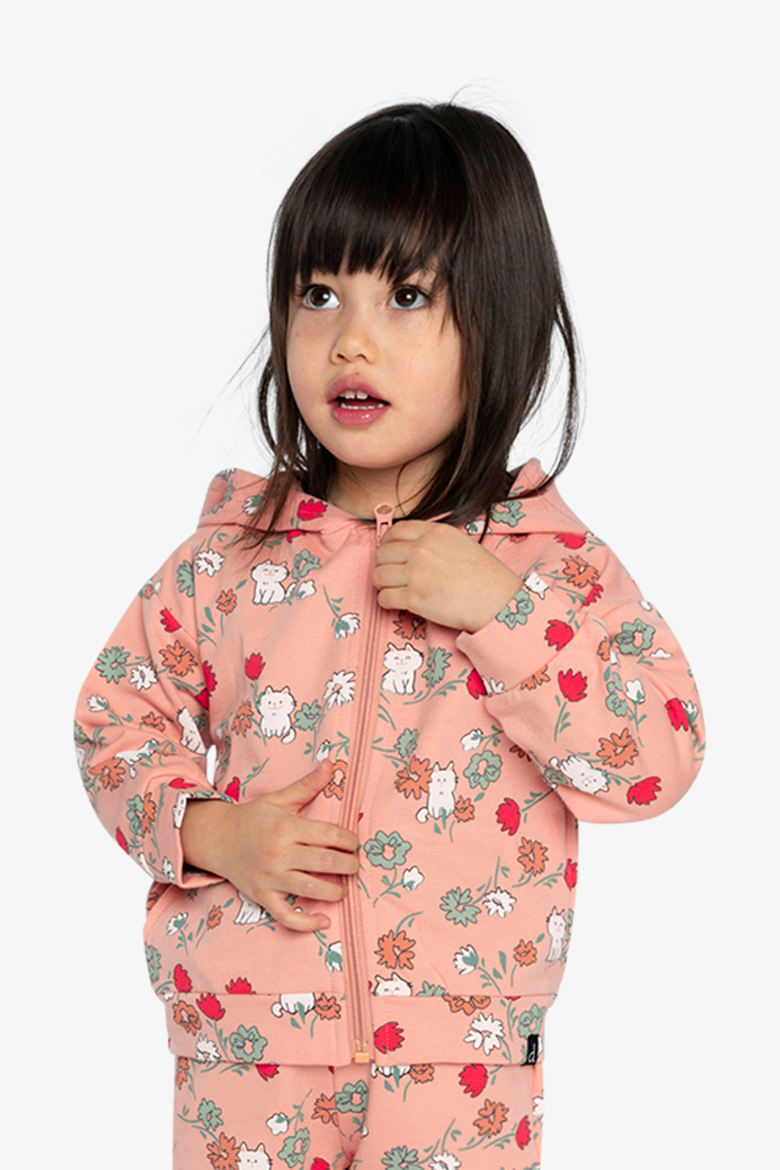 French Terry Hooded Cardigan Pink Cat Print-2