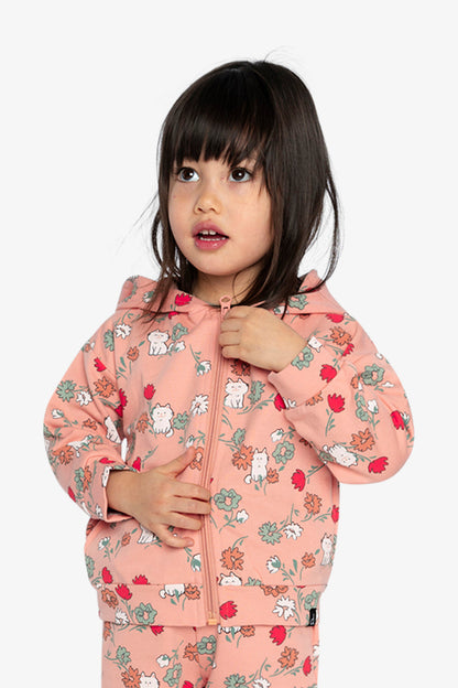 French Terry Hooded Cardigan Pink Cat Print-2