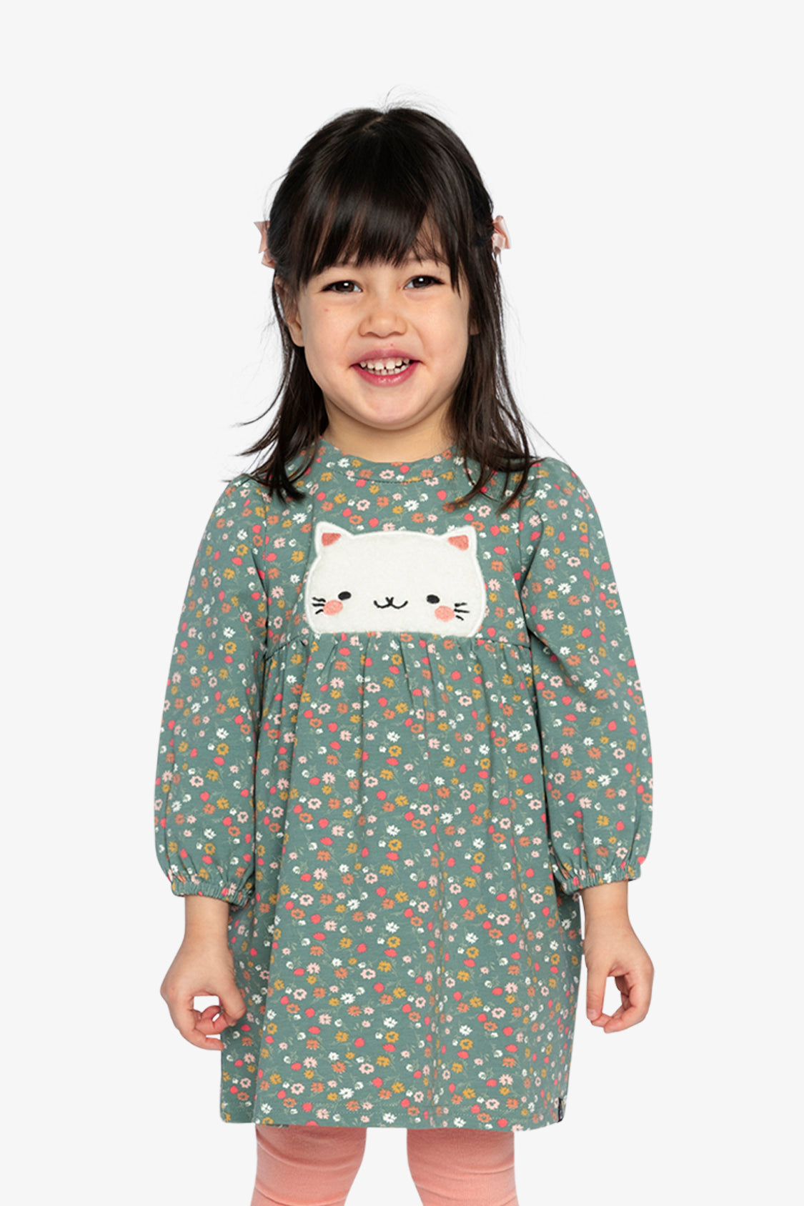 Organic Cotton Printed Dress Green Floral Print-2