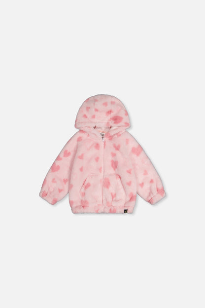 Baby Hooded Full Zip Faux Fur Jacket Pink Printed With Hearts-0