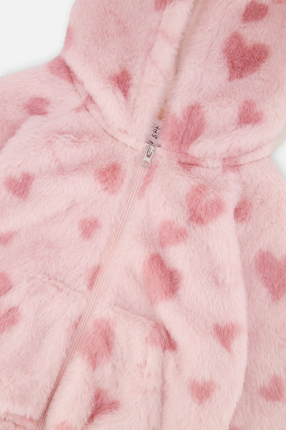 Baby Hooded Full Zip Faux Fur Jacket Pink Printed With Hearts-2