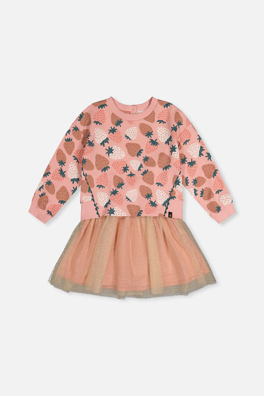 Bi-Material Dress Pink Strawberry Print-0