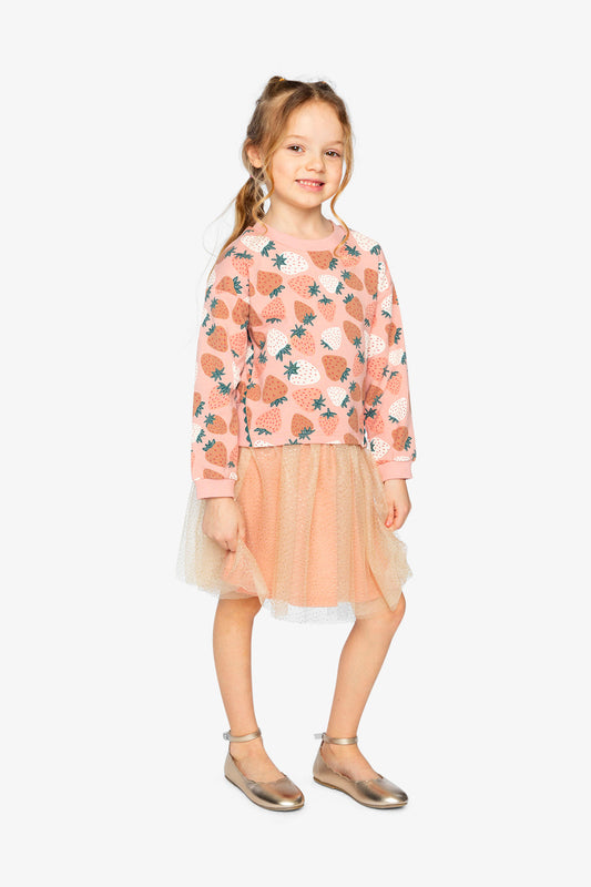 Bi-Material Dress Pink Strawberry Print-1