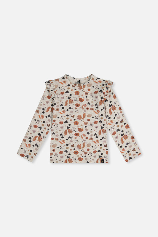 Long Sleeve Organic Cotton T-Shirt Beige With Squirrel Print-0