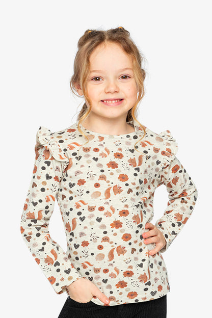 Long Sleeve Organic Cotton T-Shirt Beige With Squirrel Print-1