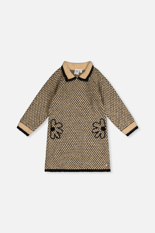 Knit Dress With Collar Beige And Black-0