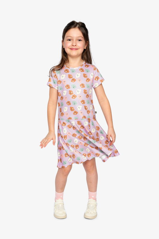 Short Sleeve Jersey Dress Purple Poodle Print-1