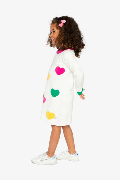 Knitted Dress With Heart Jacquard Off-White, Green And Pink-3