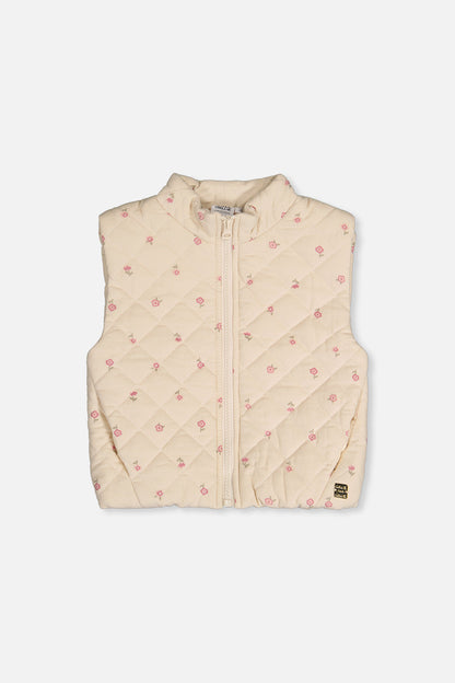 Corduroy Puffy Vest Beige Floral Print-0