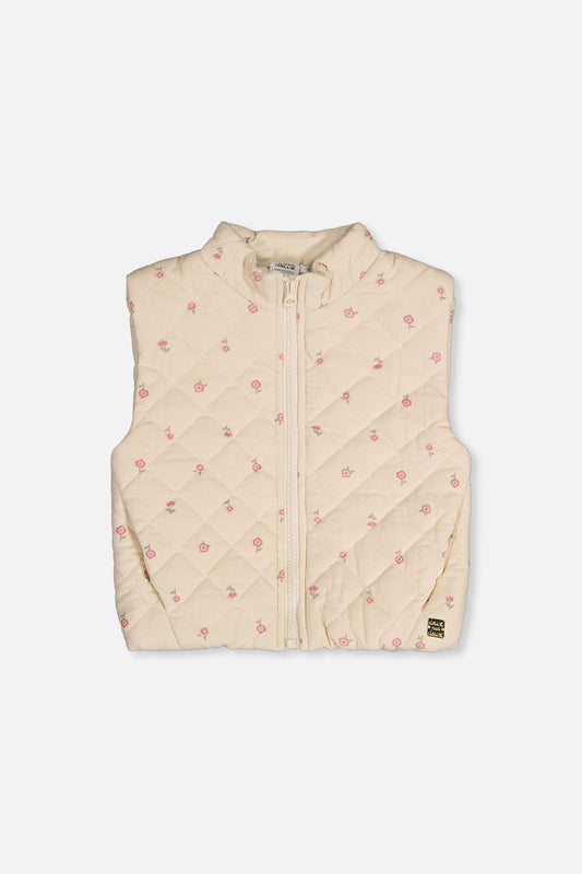 Corduroy Puffy Vest Beige Floral Print-0