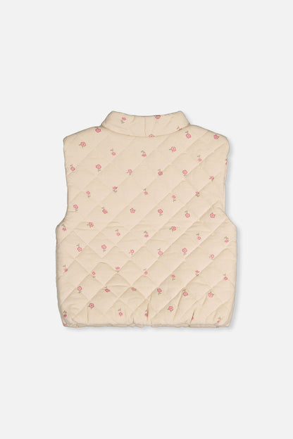 Corduroy Puffy Vest Beige Floral Print-3