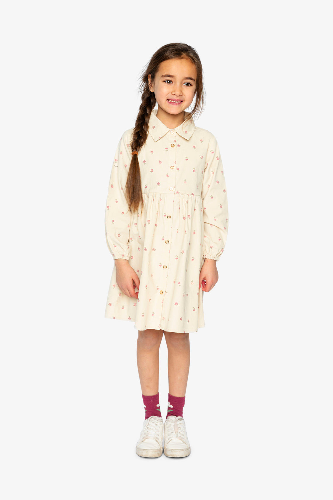 Corduroy Shirt Dress Beige Floral Print-1