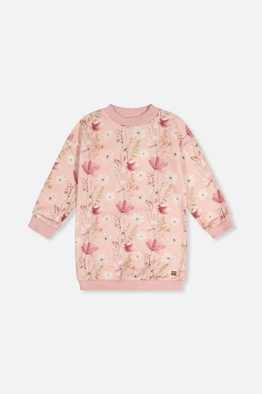 French Terry Dress Pink Printed Flowers-0