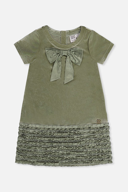 Short Sleeve A Line Dress With Bow Greyish Green-0