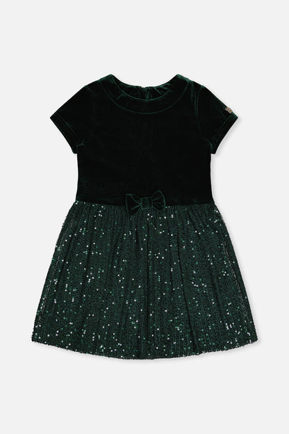 Bi-Material Short Sleeve Dress With Glittering Skirt Green Forest-0