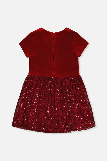 Bi-Material Short Sleeve Dress With Glittering Skirt Red-4