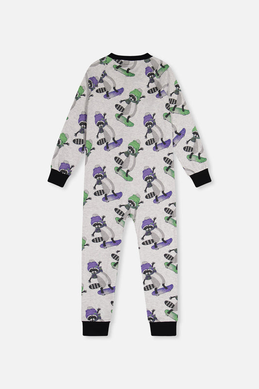 Baby Organic Cotton One Piece Pajama Beige Raccoon Print-1