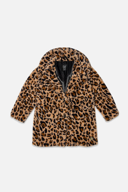 Faux Fur Long Coat Brown Leopard Print-0