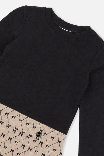 Bi-Material Dress Black And Beige Bow Tie Print-2