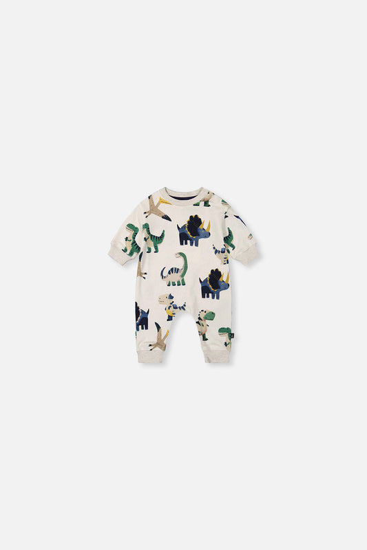 Baby Fleece Jumpsuit Beige Dinosaur Print-0