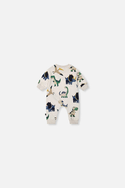 Baby Fleece Jumpsuit Beige Dinosaur Print-1