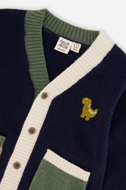 Baby Knit Cardigan With Dino Dark Blue, Green And Yellow-2