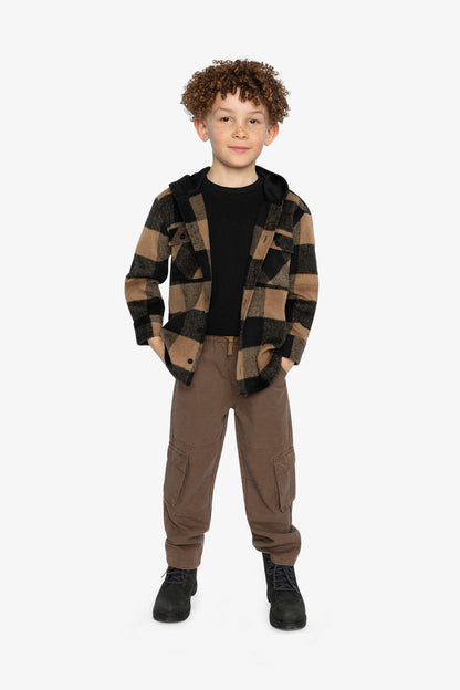 Flannel Shirt With Fleece Hood Brown And Black Plaid-4