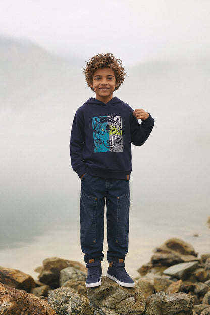 Fleece Hooded Sweatshirt Dark Blue-1