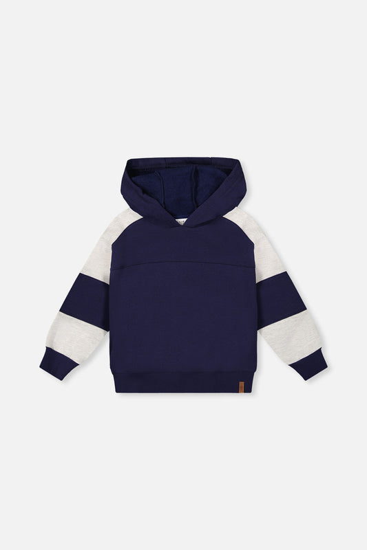 Hooded Striped Fleece Cardigan Dark Blue And Beige-0