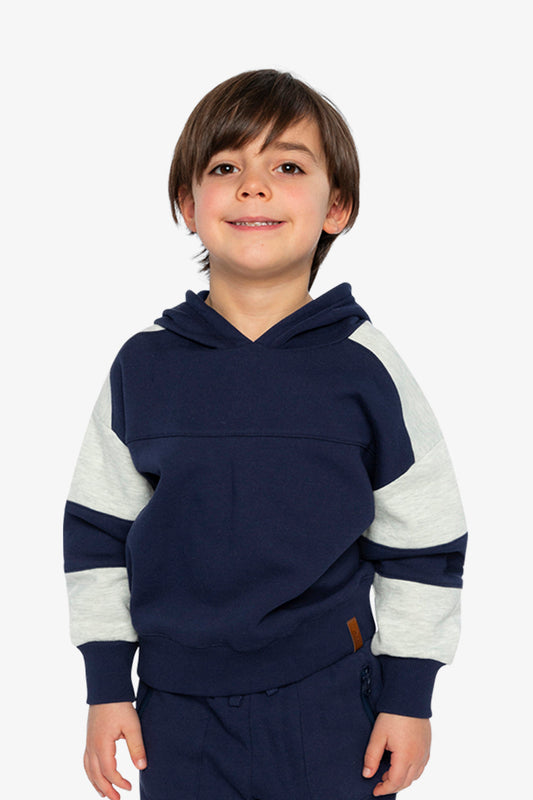 Hooded Striped Fleece Cardigan Dark Blue And Beige-1