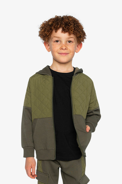 Full Zip Hooded Bi-Material Cardigan Green-1