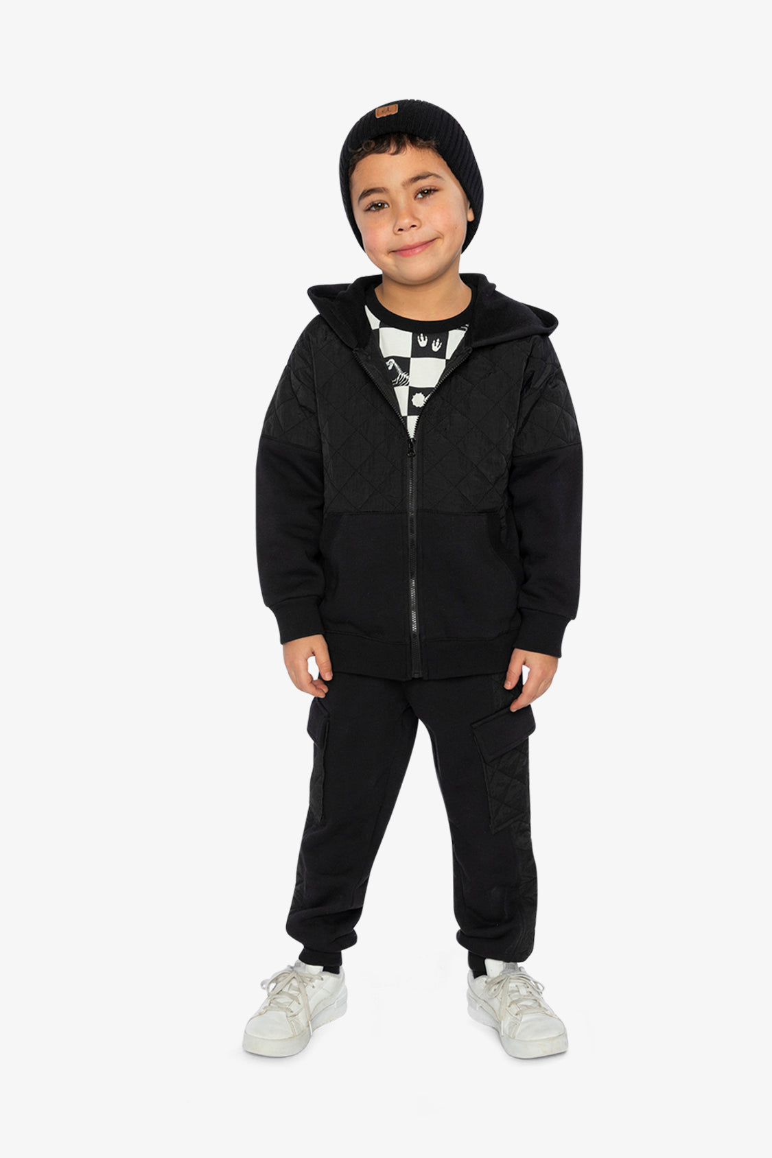 Full Zip Hooded Bi-Material Cardigan Black-4